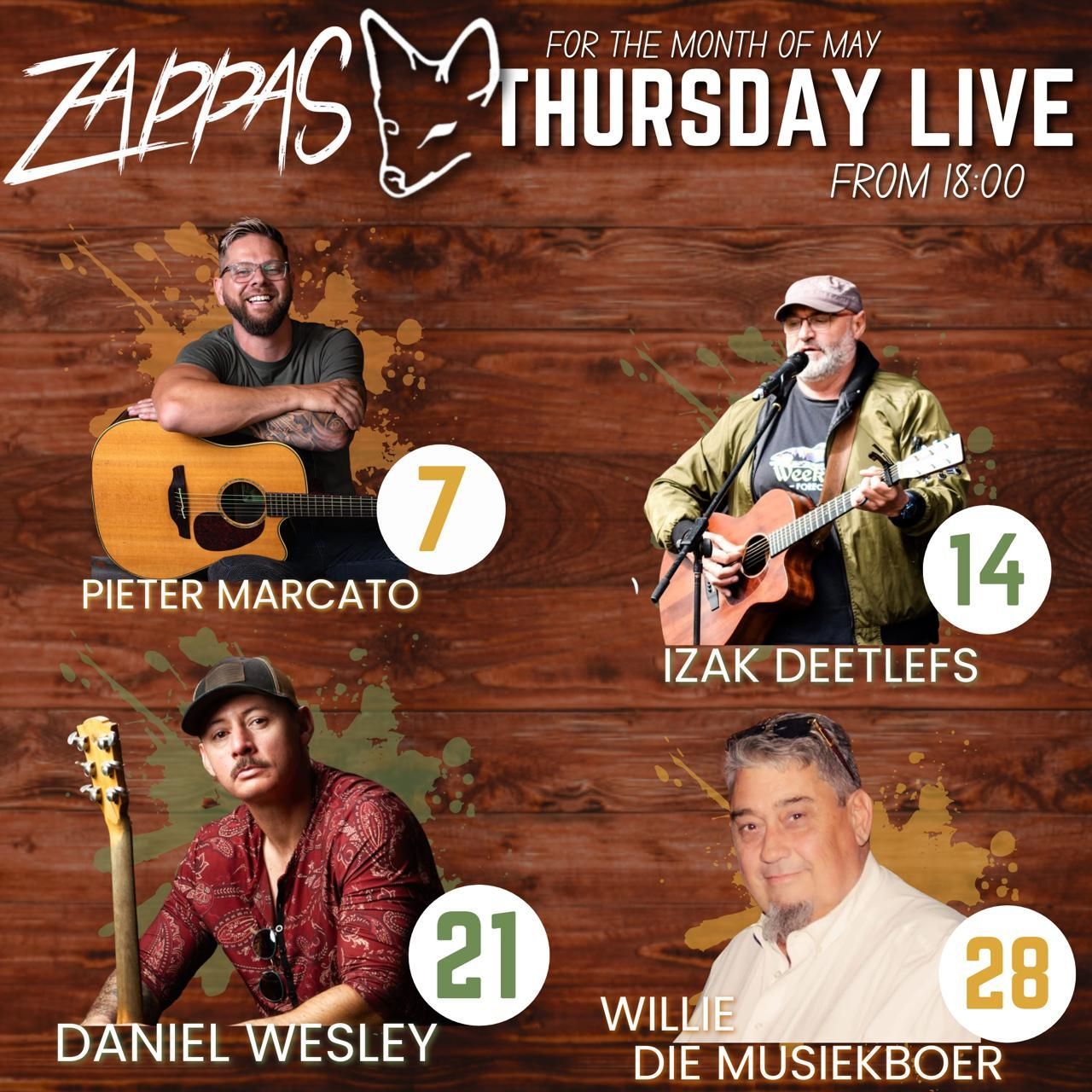 Thursday Live lineup at Zappas Murrayfield, Pretoria.