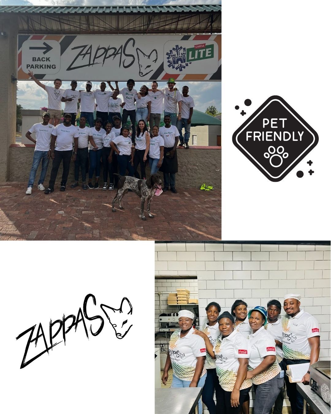 A group of people standing in front of the Zappas sign that says pet friendly