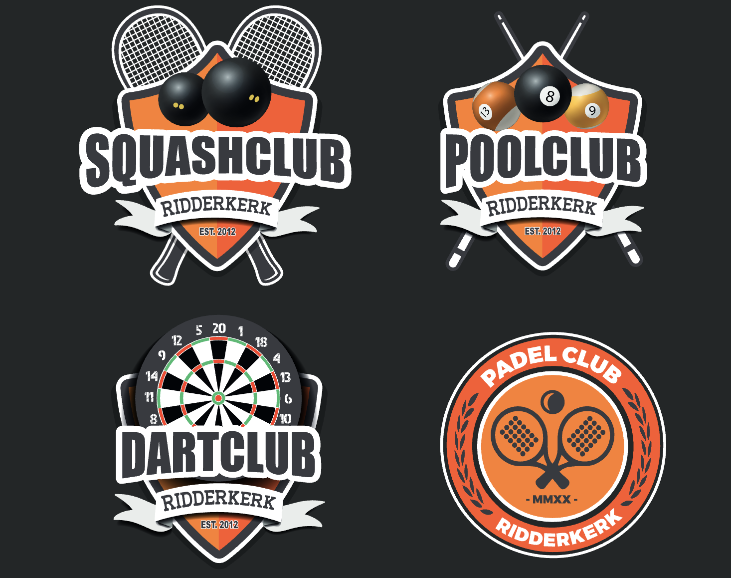Logo's squash, pool, dart en padelclub RIdderkerk