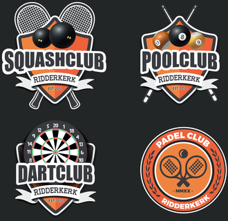 Logo's squash, pool, dart en padelclub RIdderkerk