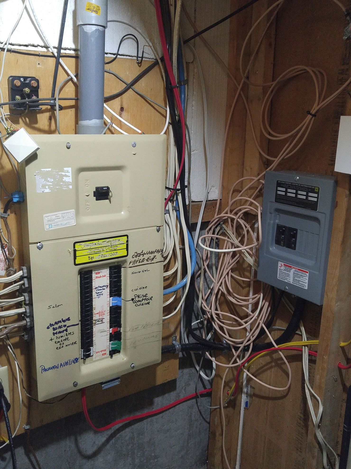 Une boîte électrique très en désordre avec beaucoup de fils qui en sortent.