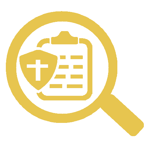 Une loupe avec un presse-papiers et un bouclier avec une croix dessus.