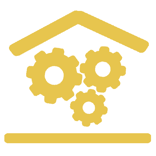Une icône jaune représentant une maison avec des engrenages à l'intérieur.