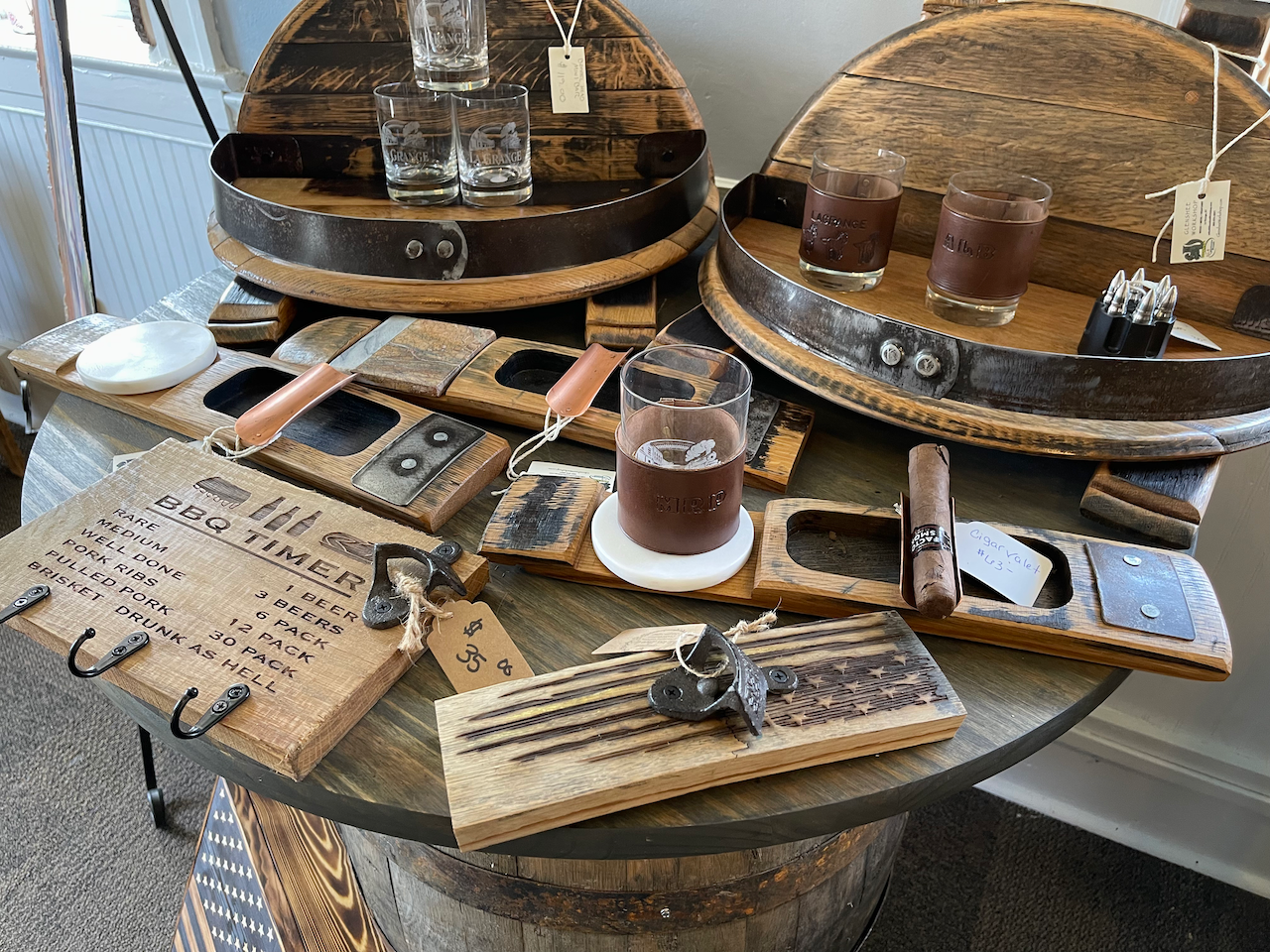 A table with a bunch of wooden items on it
