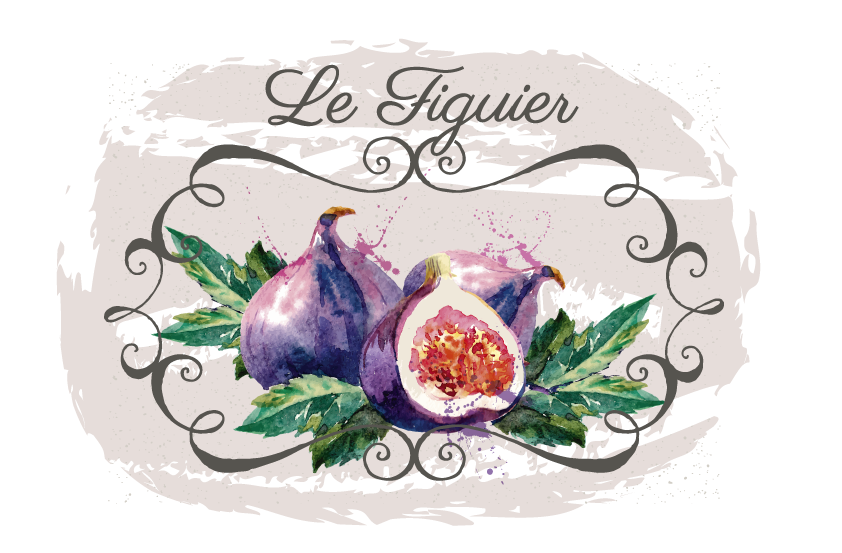 Texte de Le Figuiier avec des figues, des feuilles et une demi-figue à l'aquarelle sur un cadre décoratif