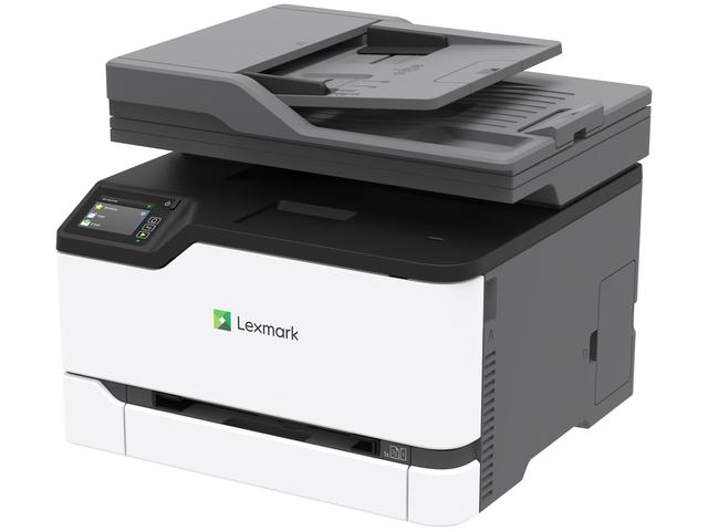 Kolorowa laserowa drukarka wielofunkcyjna Lexmark. Biała i szara z podajnikiem dokumentów.