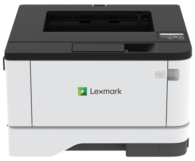 Kolorowa drukarka laserowa Lexmark, biało-czarna, widok z przodu.