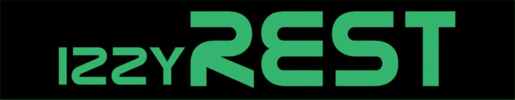 Logo IzzyRest w świecącym zielonym kolorze na czarnym tle.