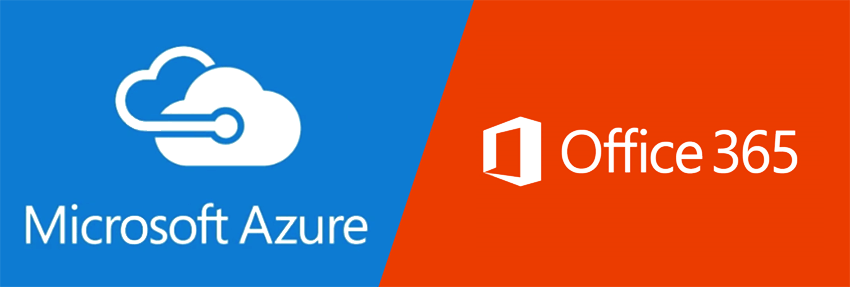 Loga Microsoft Azure i Office 365 na niebieskim i pomarańczowym tle.