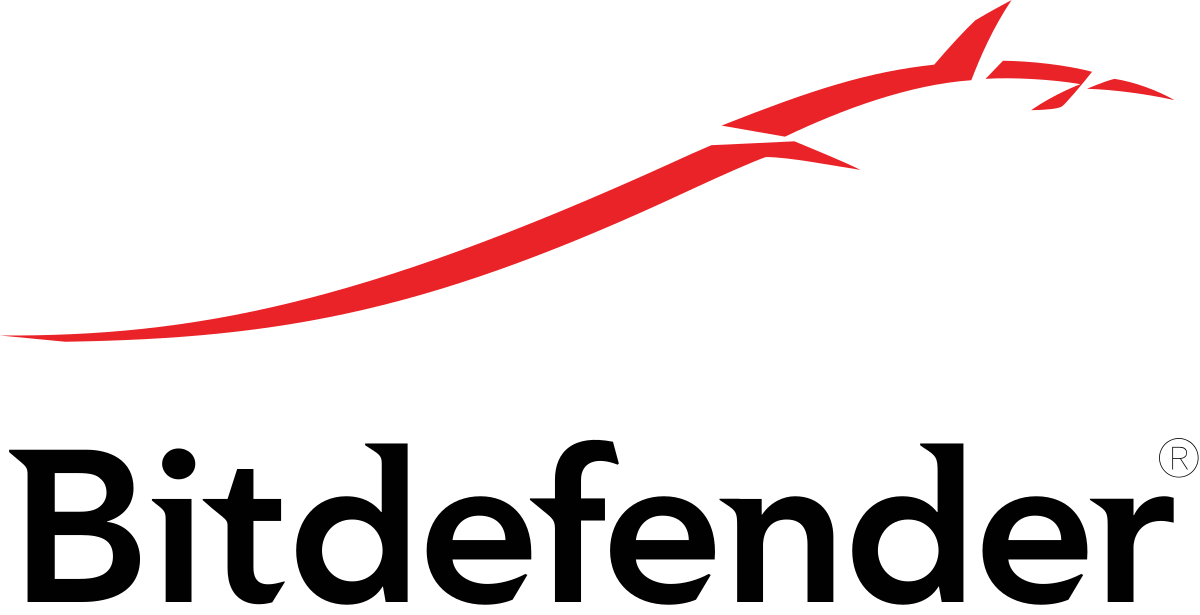 Logo Bitdefender z czerwoną, zakrzywioną kreską na czarnym tekście.