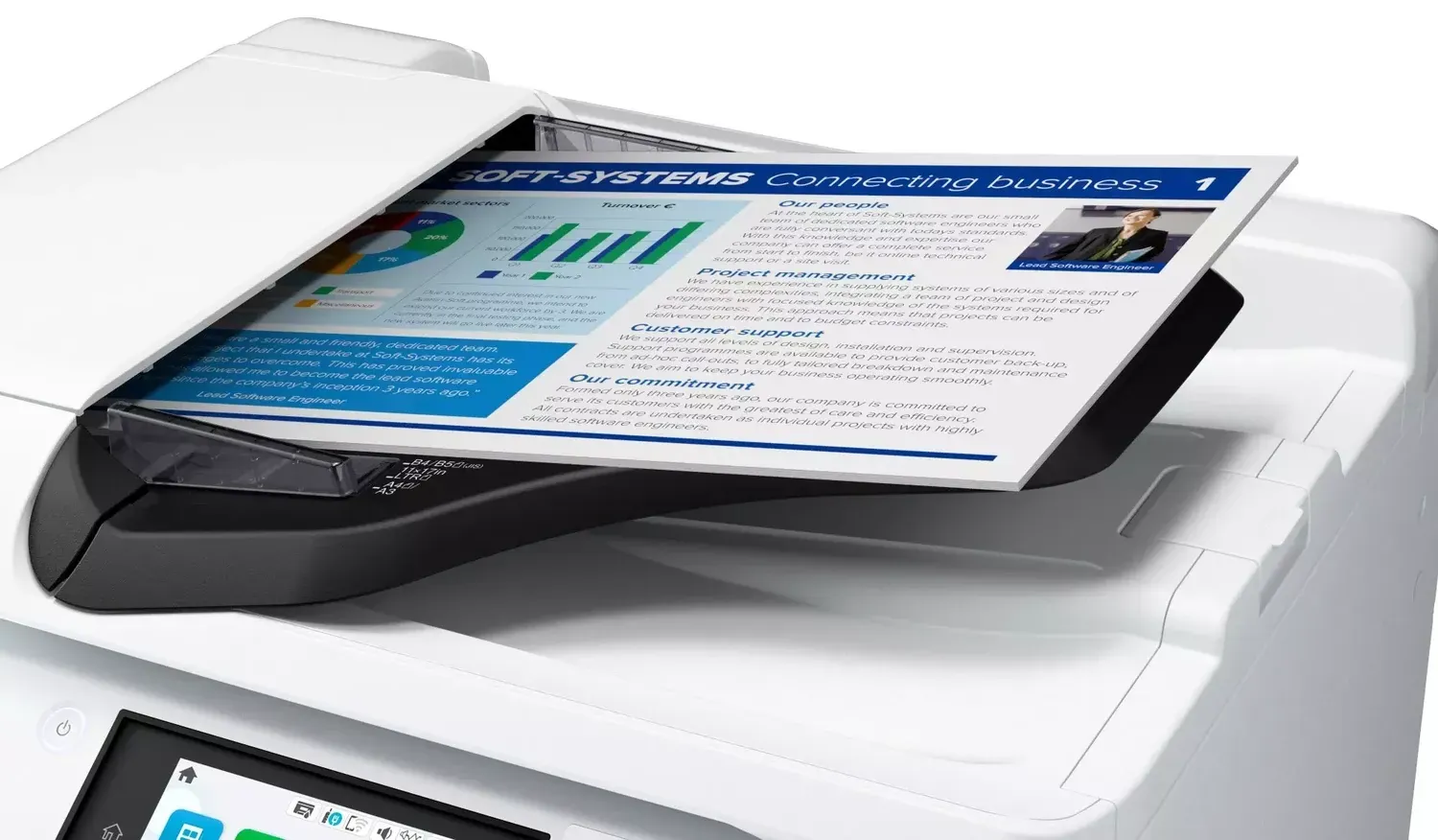 Epson EM-C8100RDWF — kolorowy wydruk na tacy odbiorczej