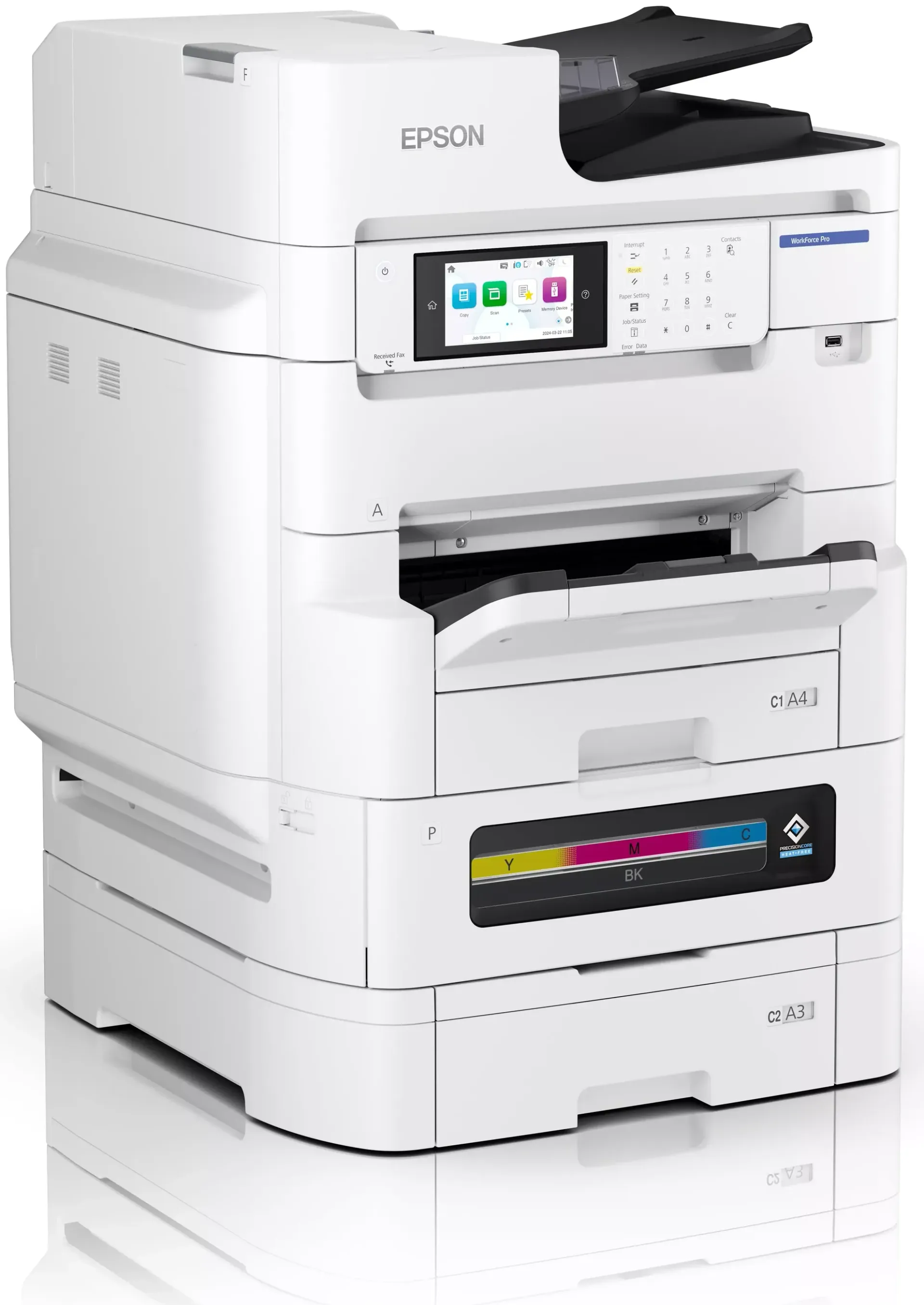 Epson EM-C8101RDWF — widok pod kątem z dodatkową kasetą A3 i wydrukiem na tacy
