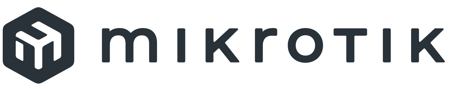Logo MikroTik, ciemnoszary sześciokąt z białym sześcianem i napisem „MikroTik” w kolorze ciemnoszarym.