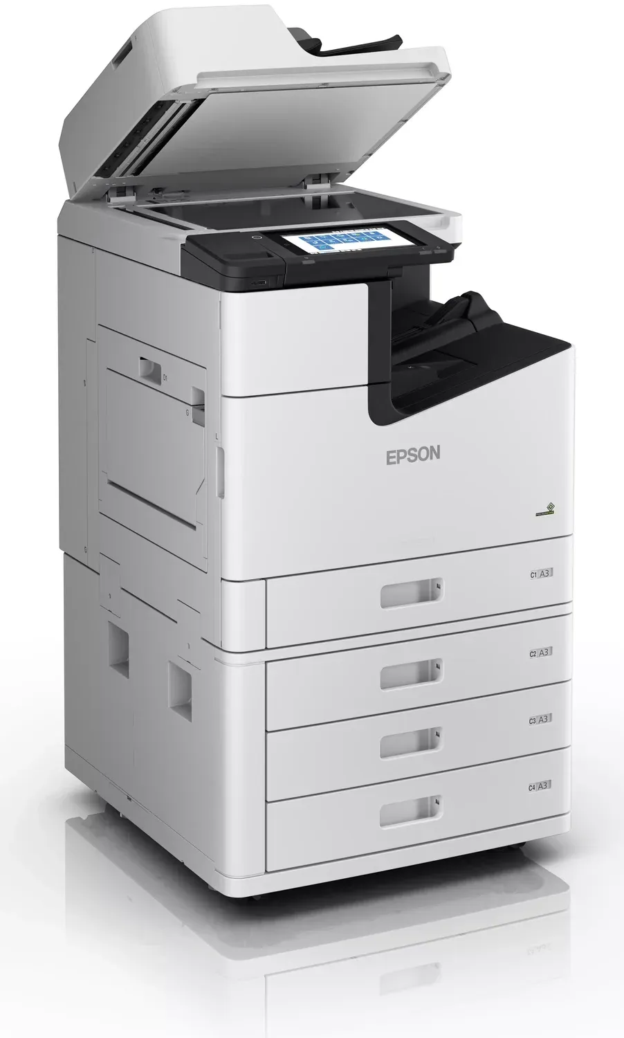 Epson WF-M21000 — widok z boku z otwartą pokrywą skanera