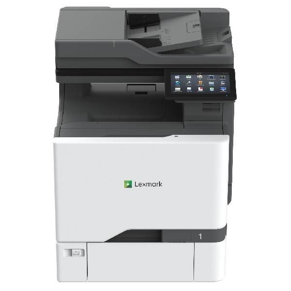 Wielofunkcyjna drukarka kolorowa Lexmark. Biała i szara z ekranem dotykowym.