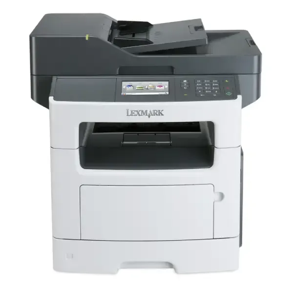 Wielofunkcyjna drukarka Lexmark: biała, szara i czarna, z podajnikiem dokumentów na górze.