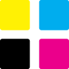 Bloki kolorów: żółty, cyjan, czarny i magenta, reprezentujące druk CMYK.