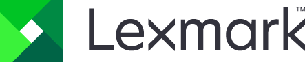 Logo Lexmark z zielonym kształtem geometrycznym i nazwą firmy w kolorze czarnym.