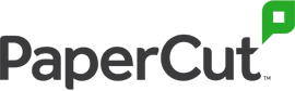 Logo PaperCut z tekstem „PaperCut” w kolorze ciemnoszarym i zielonym dymkiem z białym kwadratem.