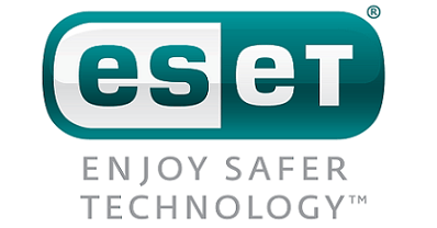 Logo ESET: biały tekst „eSet” w zielonym prostokącie w kształcie kapsułki. Poniżej szary napis „Enjoy Safer Technology”.