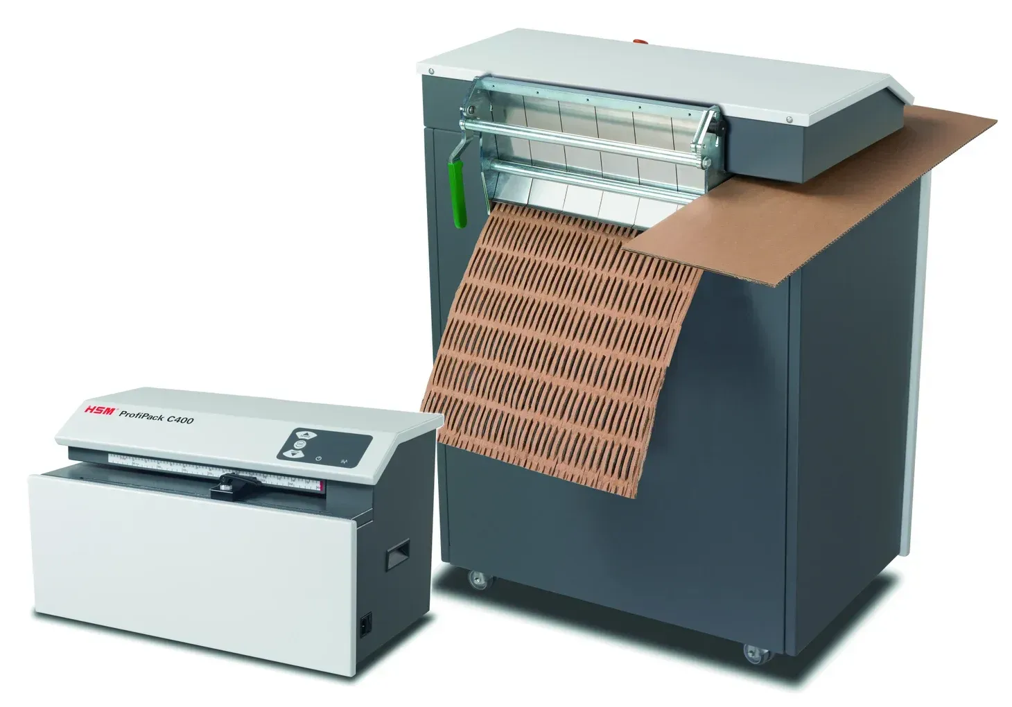 Nacinarki do kartonów HSM ProfiPack — nablatowa C400 i wolnostojąca P425 produkująca matę wypełniającą z kartonu