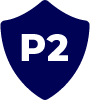 Niebieska ikona tarczy z białymi literami „P2”.
