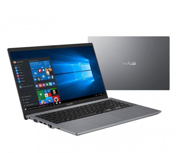 Szary laptop Asus, otwarty, wyświetlający pulpit systemu Windows. Widoczny tył laptopa, srebrnoszary.