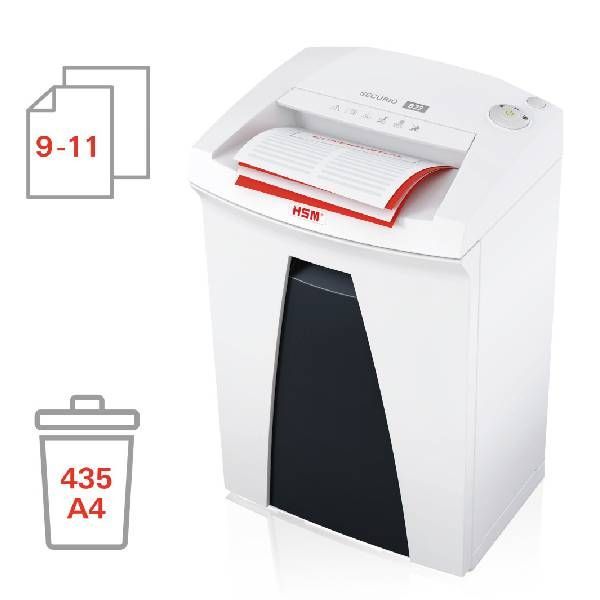 Biała niszczarka do papieru z czarnym pojemnikiem, niszczy 9-11 kartek, mieści 435 arkuszy A4.
