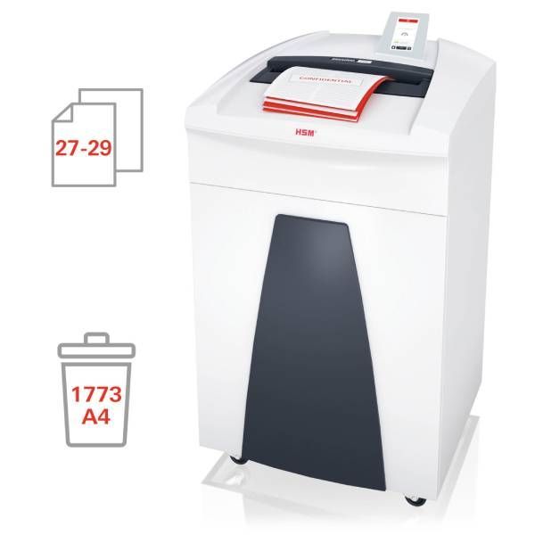 Niszczarka do papieru w kolorze białym i ciemnoszarym, z ikonami wskazującymi liczbę arkuszy i rozmiar pojemnika na odpady.