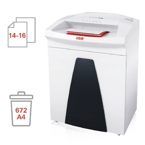Biała niszczarka do papieru z czarnym panelem przednim. Zawiera ikony informujące o pojemności papieru i rozmiarze pojemnika.