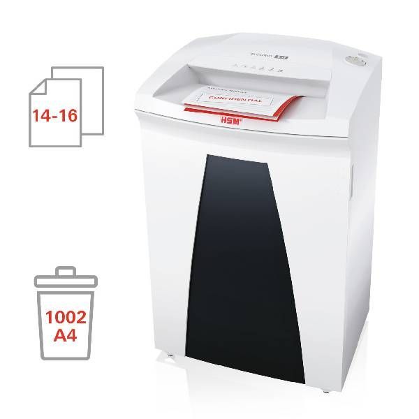 Biała niszczarka do papieru z czarnymi elementami; pojemność 14-16 arkuszy, w tym 1002 arkuszy A4.