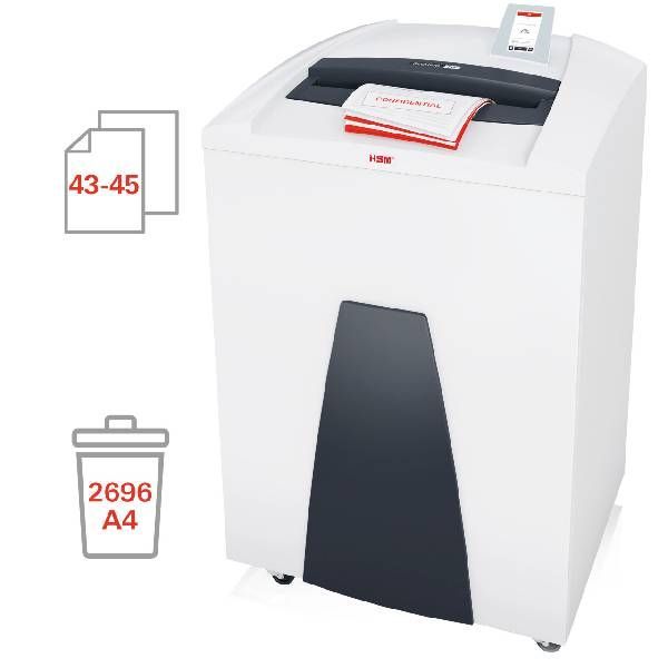 Biała niszczarka do papieru z czerwoną teczką w środku, ze wskaźnikami pojemności arkuszy papieru i koszem na śmieci.