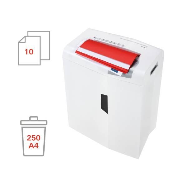 Biała niszczarka do papieru z czerwonym wejściem, ikonami wskazującymi pojemność 10 arkuszy i pojemnikiem na 250 arkuszy A4.