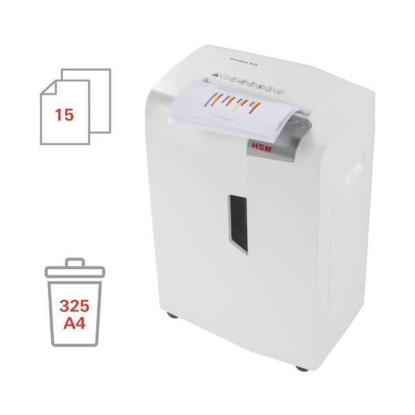 Biała niszczarka do papieru z ikonami kosza na papier i śmieci, pokazująca pojemność 15 arkuszy i pojemnik na 325 arkuszy A4.