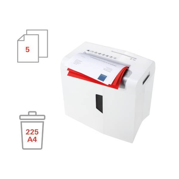 Biała niszczarka do papieru z czerwonymi dokumentami, ikonami przedstawiającymi 5 arkuszy i pojemnością 225 arkuszy A4.