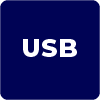 Ikona USB na ciemnoniebieskim kwadracie.