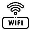 Symbol Wi-Fi: zakrzywiony sygnał falujący nad prostokątem ze słowem „WIFI” w środku.