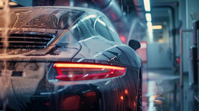 Driver enjoying a touchless local car washing service at a drive-through car wash bay.