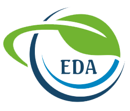 Logo with green leaf and blue arc over 