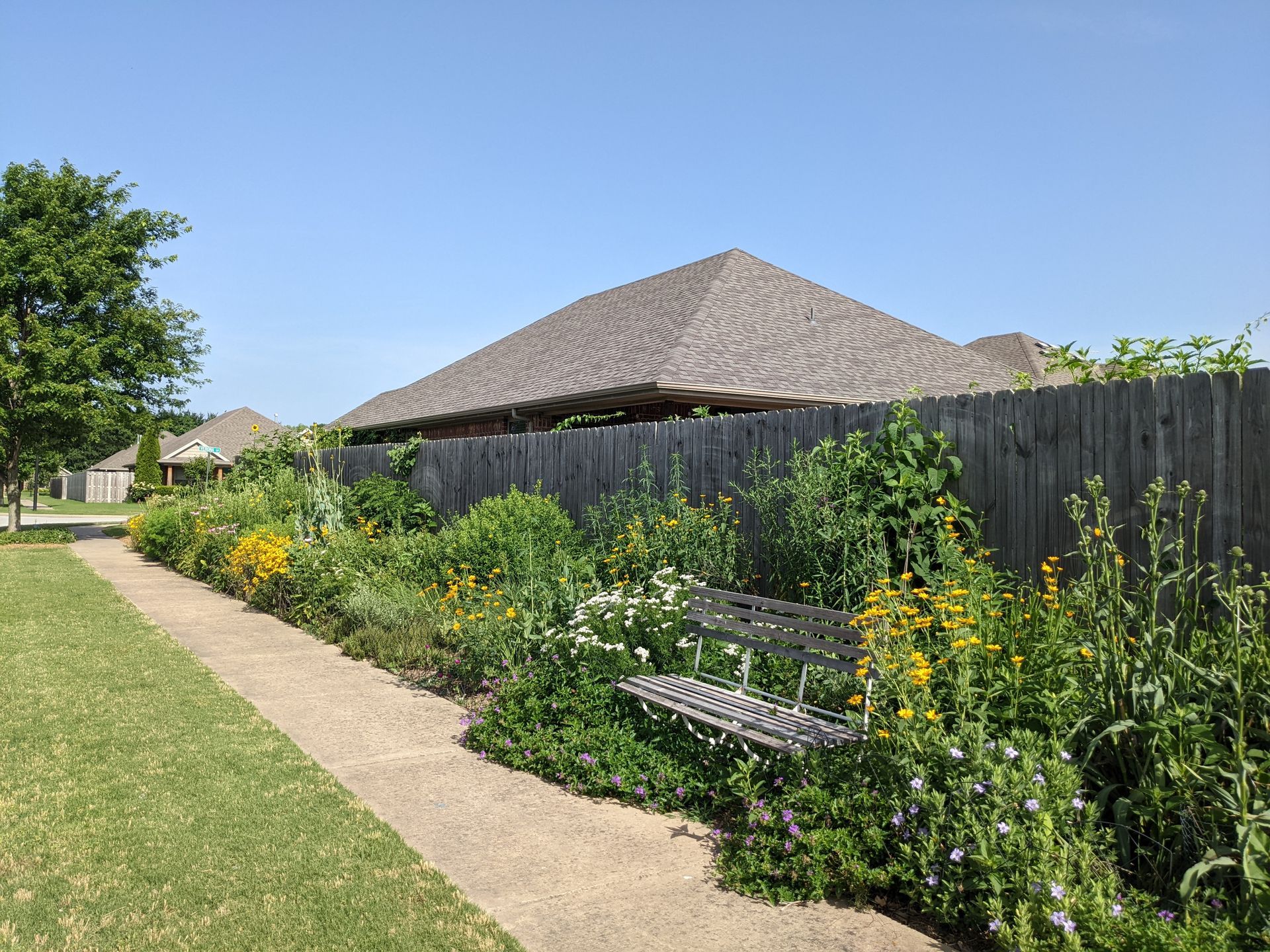 Pathway lined with a flower garden, two benches, and a wooden fence under a blue sky.