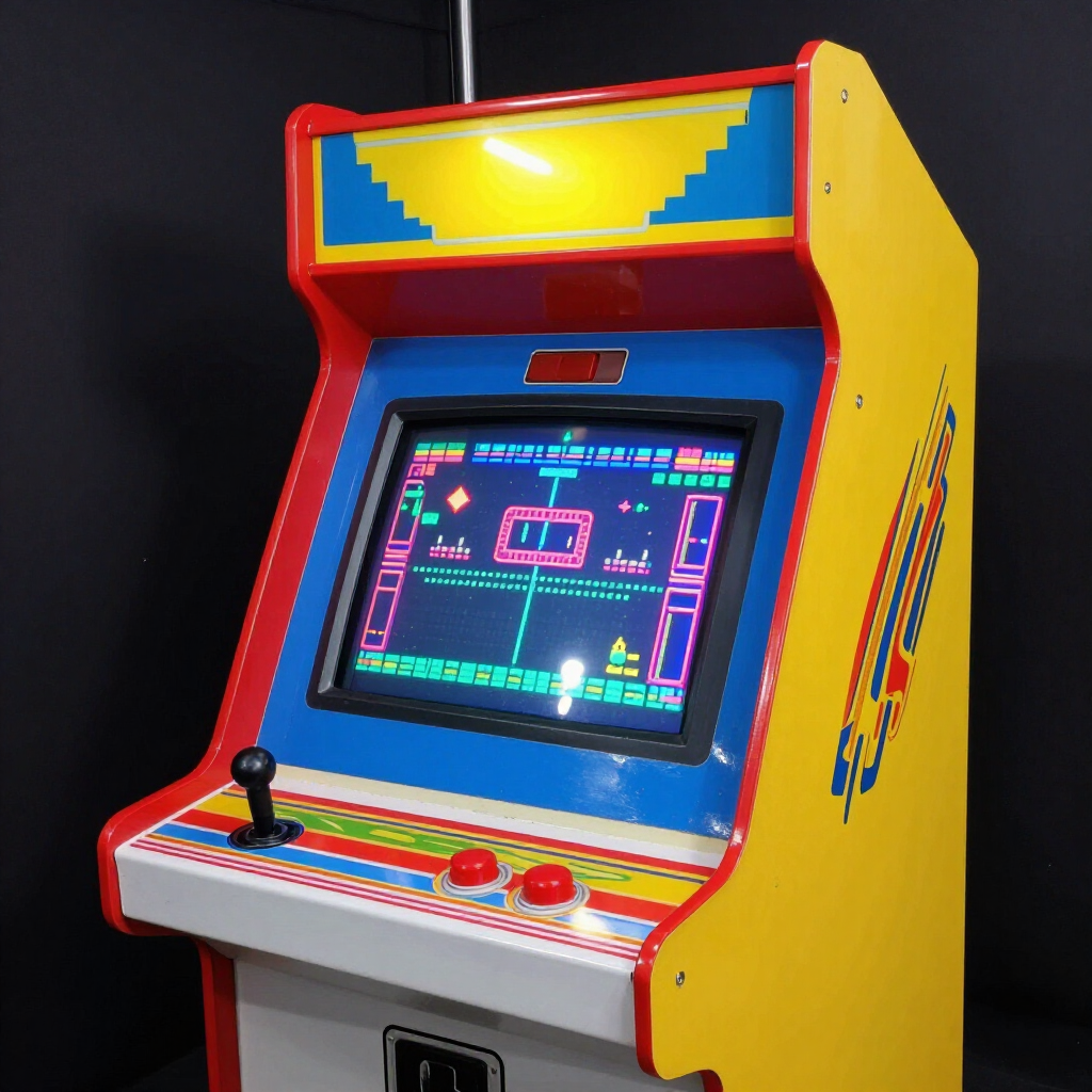 Un cabinato arcade in stile retrò giallo e blu con uno schermo di gioco luminoso e pixelato, un joystick e due pulsanti rossi.