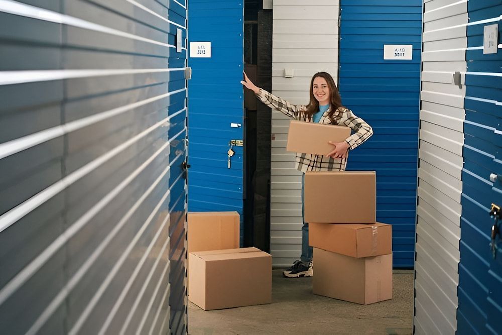 A Woman Is Holding a Cardboard Box in A Storage Unit — Novocastrian Removals & Storage in Port Stephens, NSW