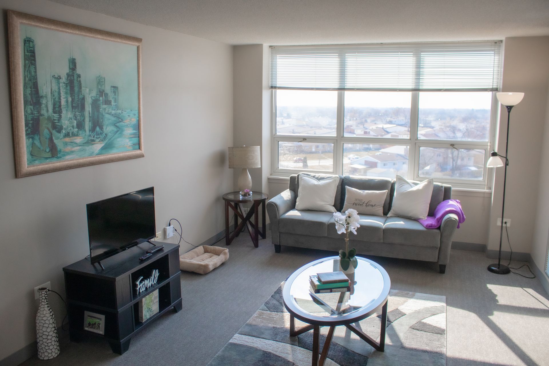 A living room with a couch , table , television and a large window.