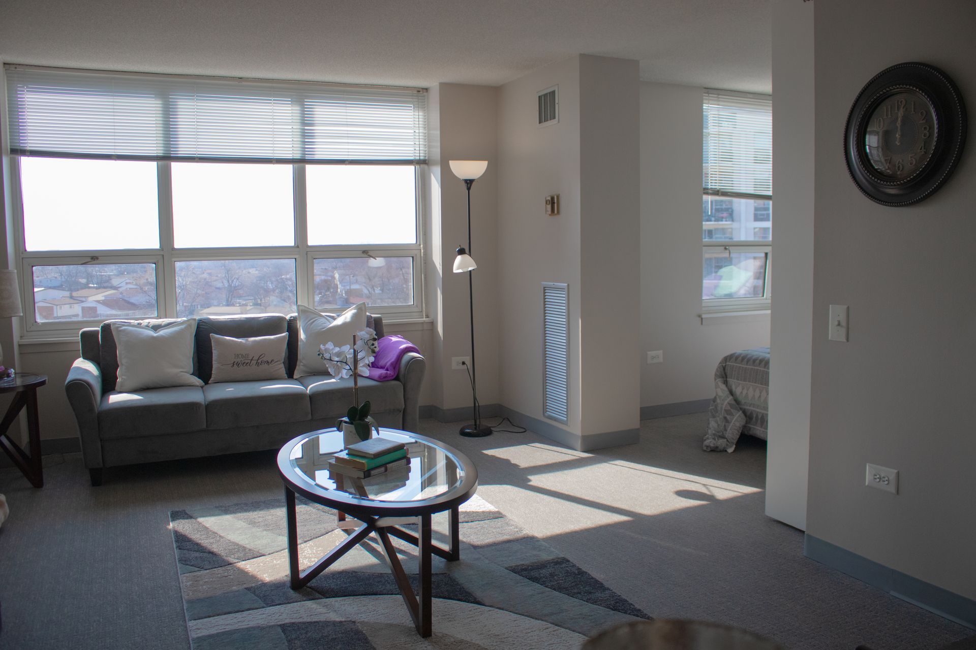 A living room with a couch and a coffee table
