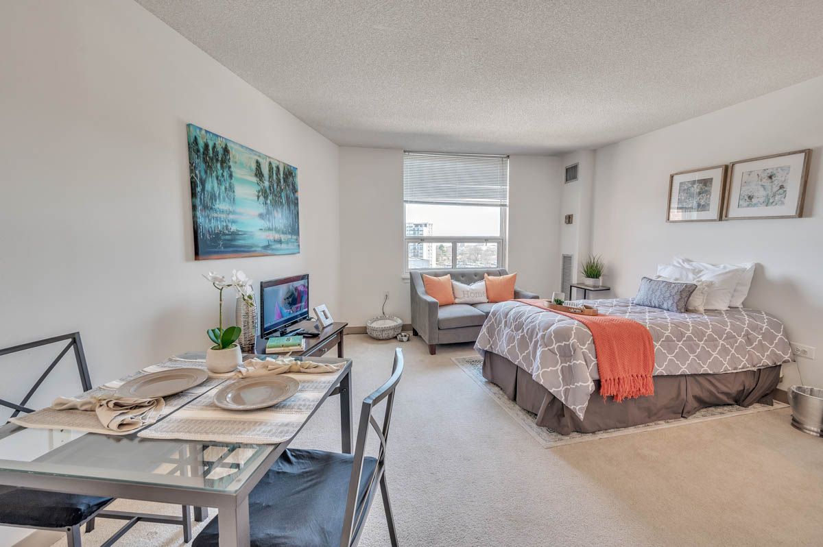 A living room with a bed , dining table and chairs.