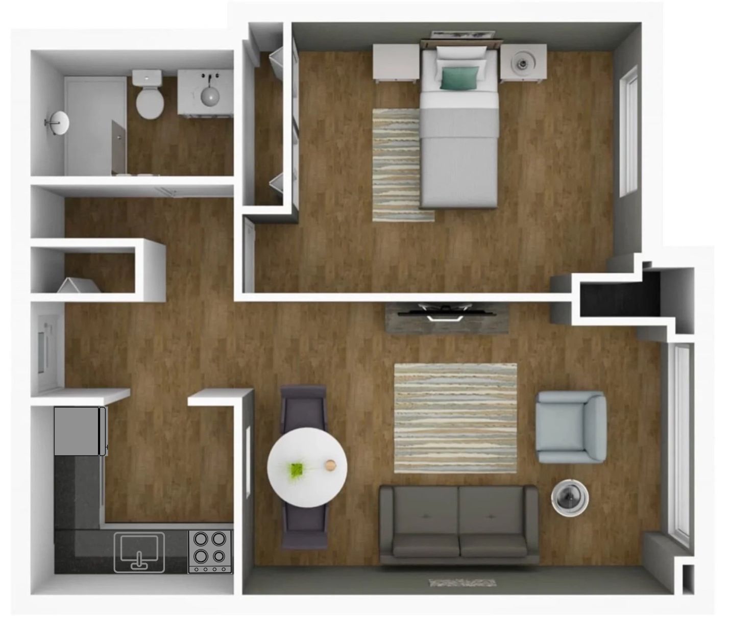 A floor plan of a small apartment with a bedroom , living room , dining room , and bathroom.
