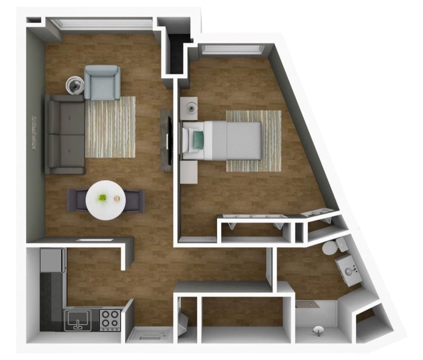 A 3d floor plan of a small apartment with a bedroom , living room , dining room , and bathroom.
