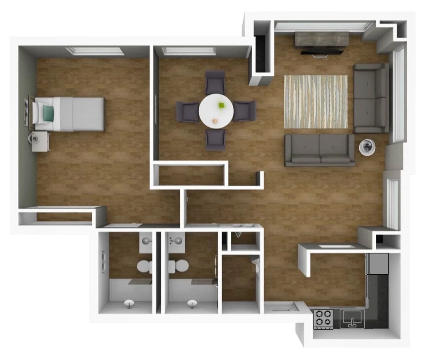 A 3d floor plan of a house with a bedroom , living room , dining room , and bathroom.