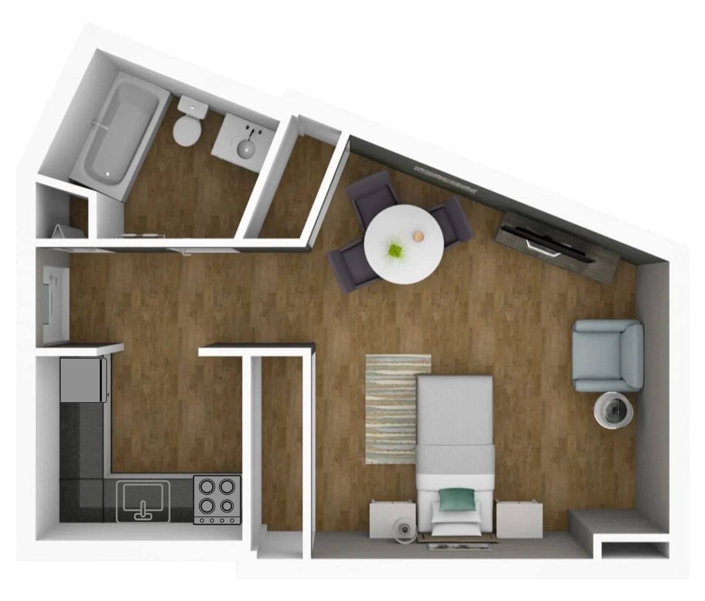 An aerial view of a floor plan of a small apartment.