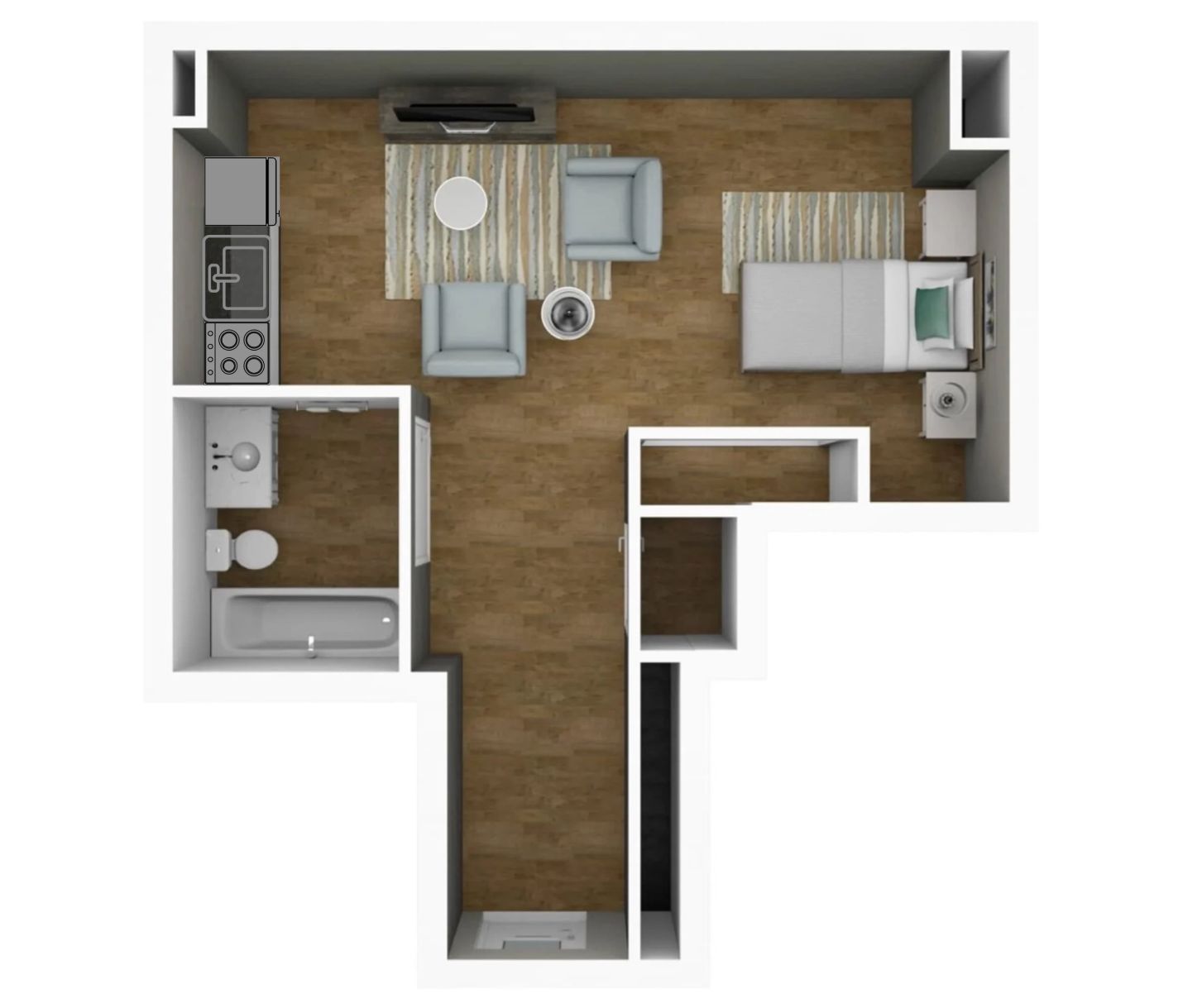 A floor plan of a small apartment with a bedroom , living room , and bathroom.